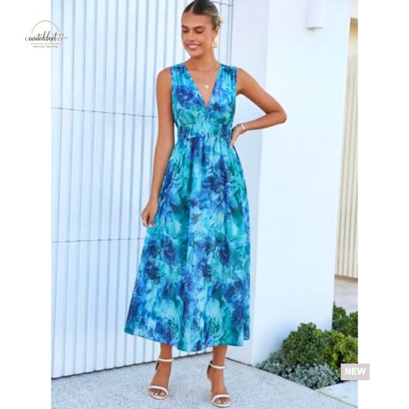 Sleeveless V-Neck Maxi Dress Floral Print Elastic Waist Wedding Guest - Picture 3 of 7